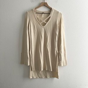 FREE PEOPLE Beige Criss Cross V-Neck Tunic Sweater
